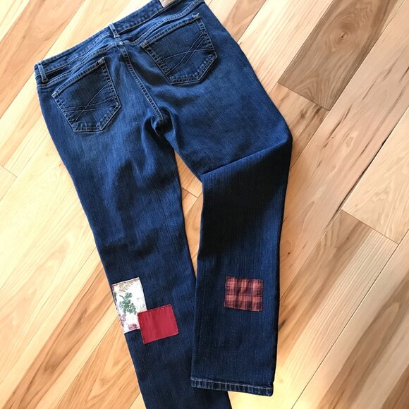 Upcycled Patched Jeans, 14 Junior: Handmade Patchwork Wine Theme Hippie Pants - Picture 3 of 11